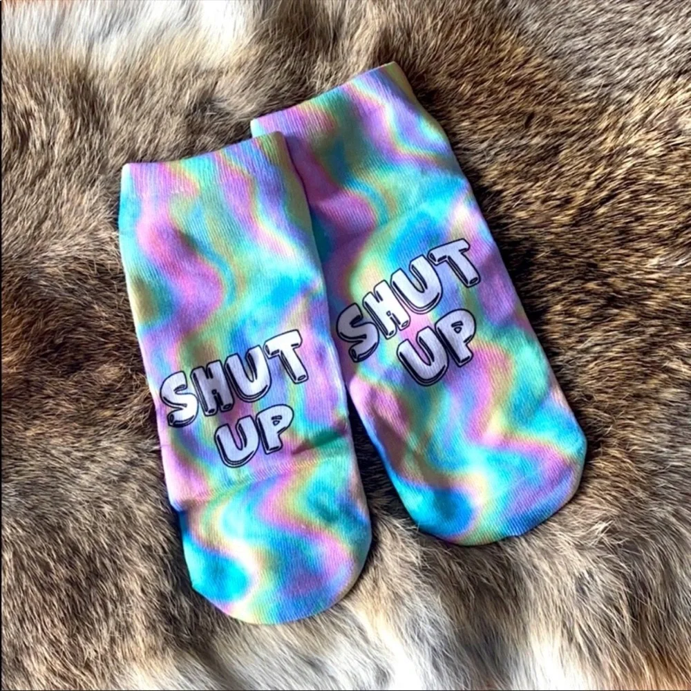 🍭 “I Love You, But Shut Up” Cheeky Novelty Vibrant Pastel Tie Dye Quote Socks